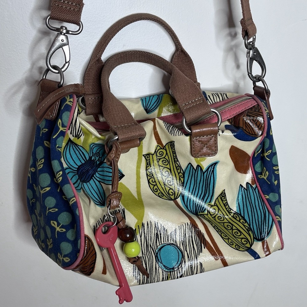 Fossil Keyper Y2K Crossbody Coated Canvas Floral Satchel Bag Colorful Artsy - Picture 2 of 12